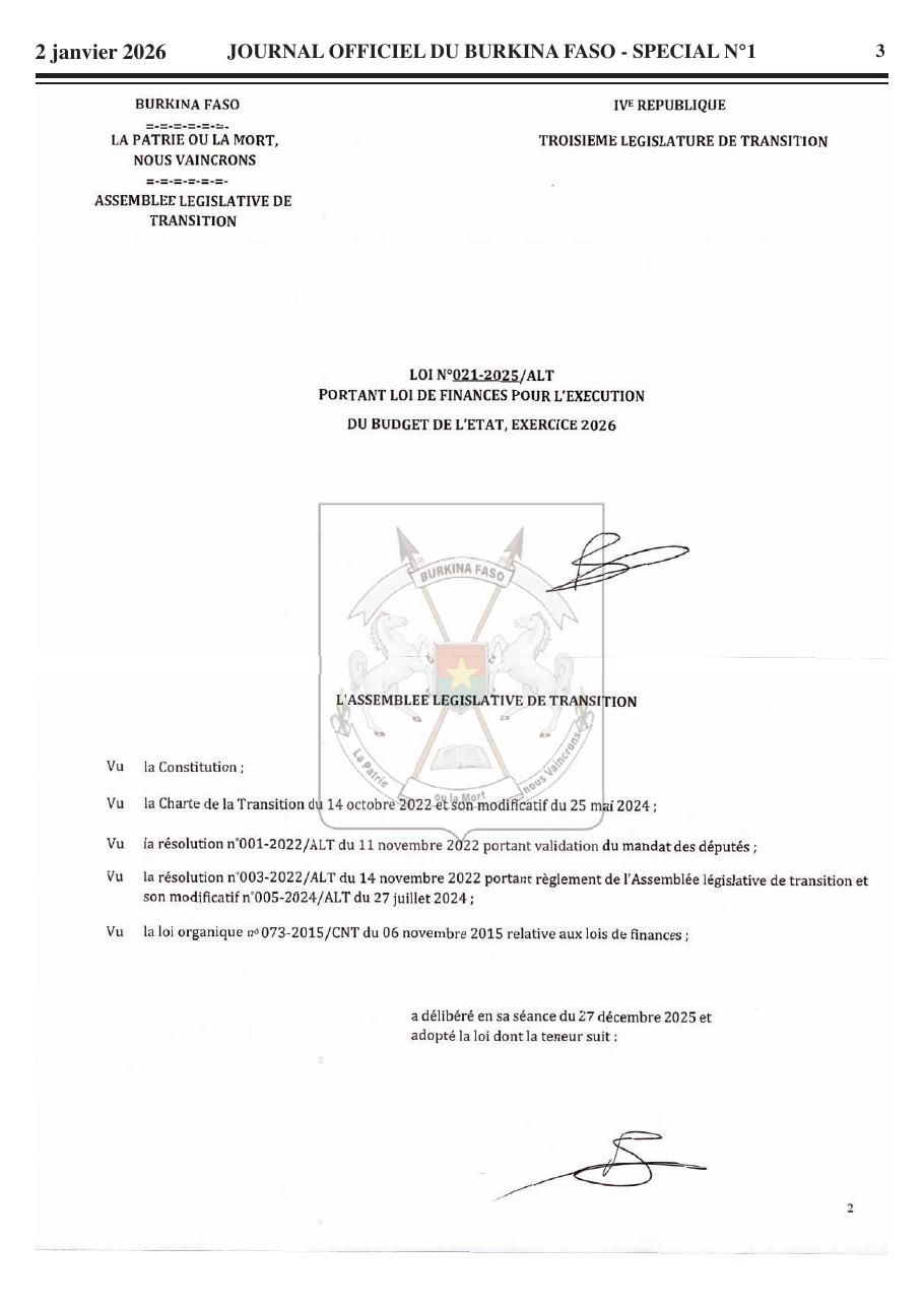 Page 1 de Loi de finances 2026 – Burkina Faso